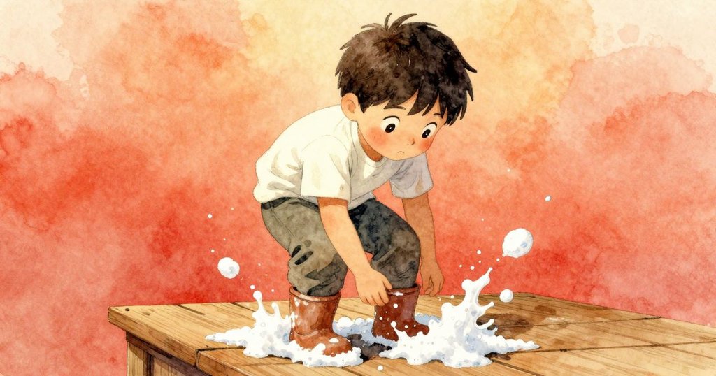 記憶中的畫面，布雷克靴邊有孩童歡快濺起泡沫，木平台上充滿溫暖的光澤與歡樂情緒