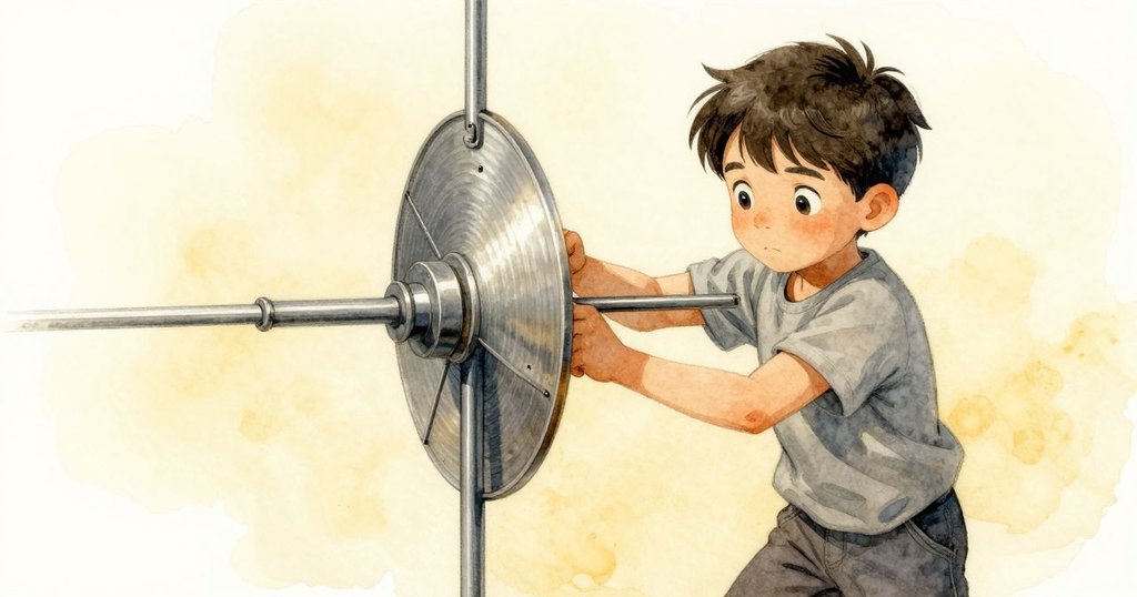 布雷克聚精會神旋轉木盤，使繩子盤繞在桿上，露出隱藏的鐵輻條，動作中充滿決斷與細緻