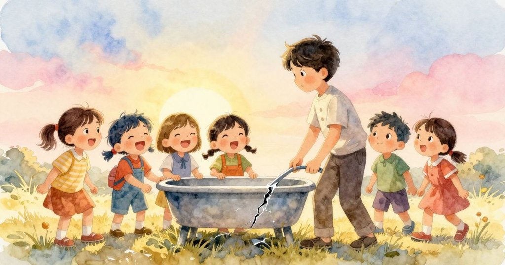 布雷克退出機關操作走向嬉笑孩童，空蕩水槽中顯現出雪白裂痕，夕陽柔光灑落，場景寧靜溫暖