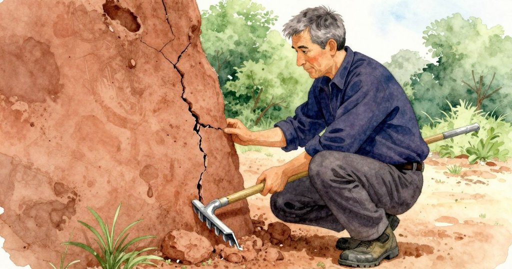 文森頓蹲靠黏土牆邊,用耙子細察裂縫輪廓,展現穩健與細膩的探究態度。