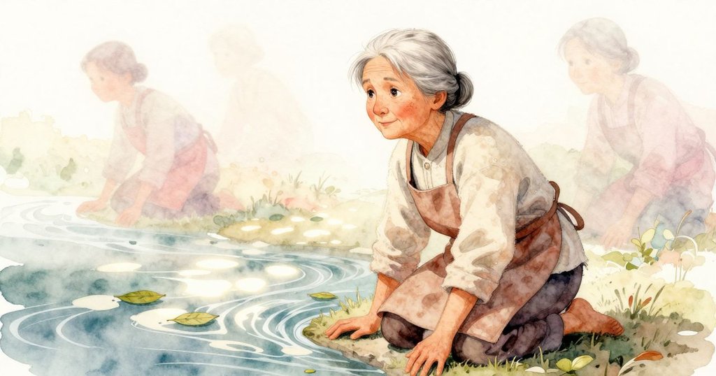 烏蘇拉跪在流水旁觀察樹葉旋轉圖案，背景隱現薩拉的記憶，溫柔光影下充滿懷舊與細膩情感。