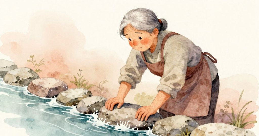 烏蘇拉神情堅定地將石頭楔入旁流水道中，水流因控制而逐漸平息，場景充滿緊張與決心。