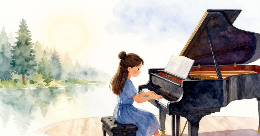 紫妮雅在晨霧中彈奏鋼琴，光線柔和，環境古樸，表情專注，呈現故事開頭的溫暖早晨