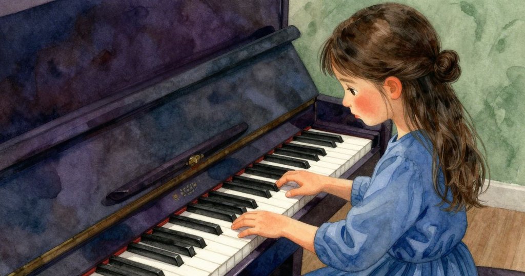 紫妮雅仔細觸摸鋼琴上的劃痕，展現木質質感和隱藏歷史，表情充滿好奇與溫柔