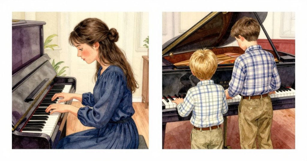 紫妮雅沉思著鋼琴劃痕，芬坦輕推鋼琴於空蕩大廳，並排呈現不同情境，氛圍溫暖而深情