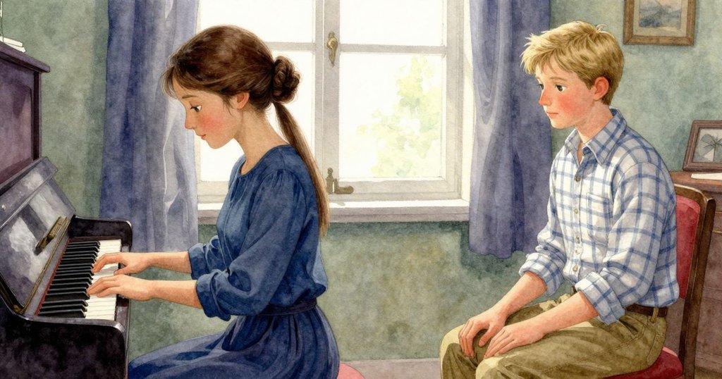 紫妮雅在靜謐房間中停留於琴鍵上，芬坦靜坐旁邊，柔和陽光灑落，氛圍神秘而溫暖