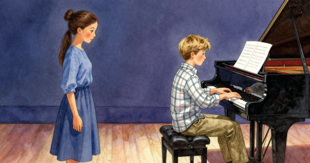 紫妮雅彈奏低音，芬坦靜靜觀看，房內充滿微光和轉變的氛圍，故事延續中透露著溫柔未完的旋律