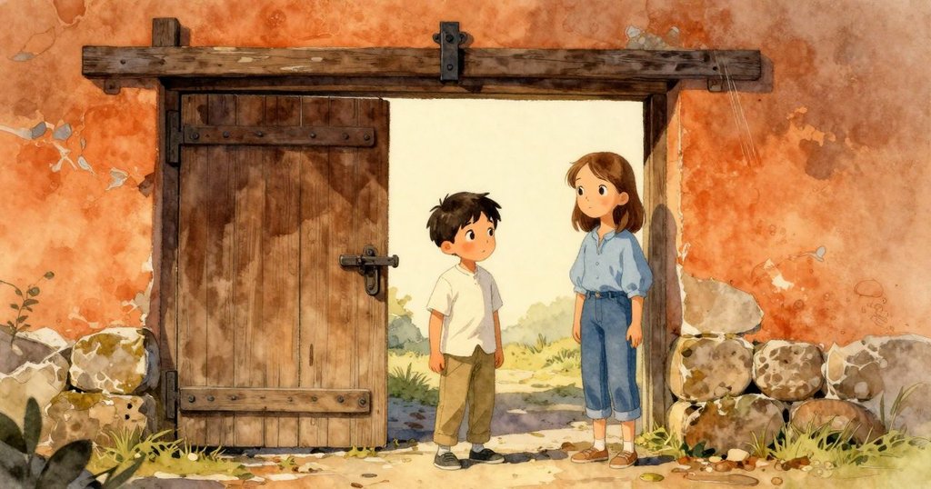 Kit和Verity站在半開的地窖門前,環境古老,夕陽餘暉下他們滿懷好奇探索,氛圍神秘溫暖