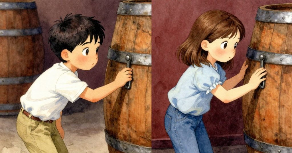 Kit觸摸異常金屬閂,Verity小心探向橡木桶,分格構圖呈現探索與驚奇的瞬間