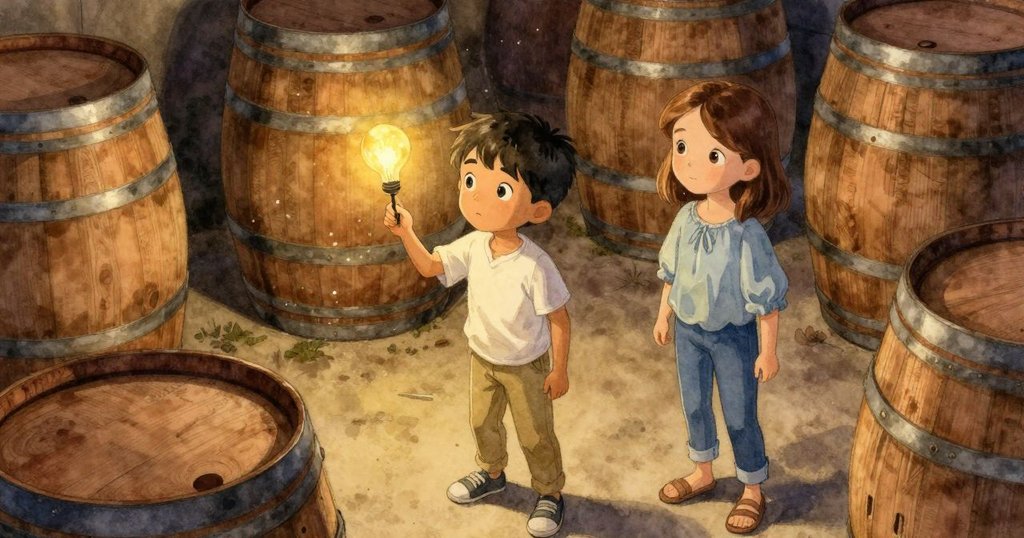 古老地窖內燈泡微閃爍光芒,木桶間陰影流動,Kit與Verity靜觀神秘氛圍,微塵輕漂呈魔幻感