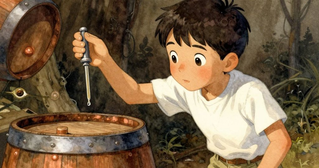 Kit緊握吸管,停頓瞬間凝視液滴懸空,木桶細節清晰,緊張氣氛中散發微光