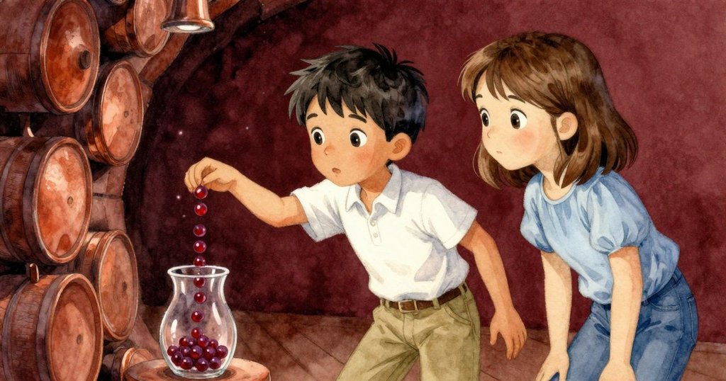 細玻璃中紅寶石液滴緩落,Kit與Verity在背景靜候解謎成果,光影柔和呈現神秘轉折