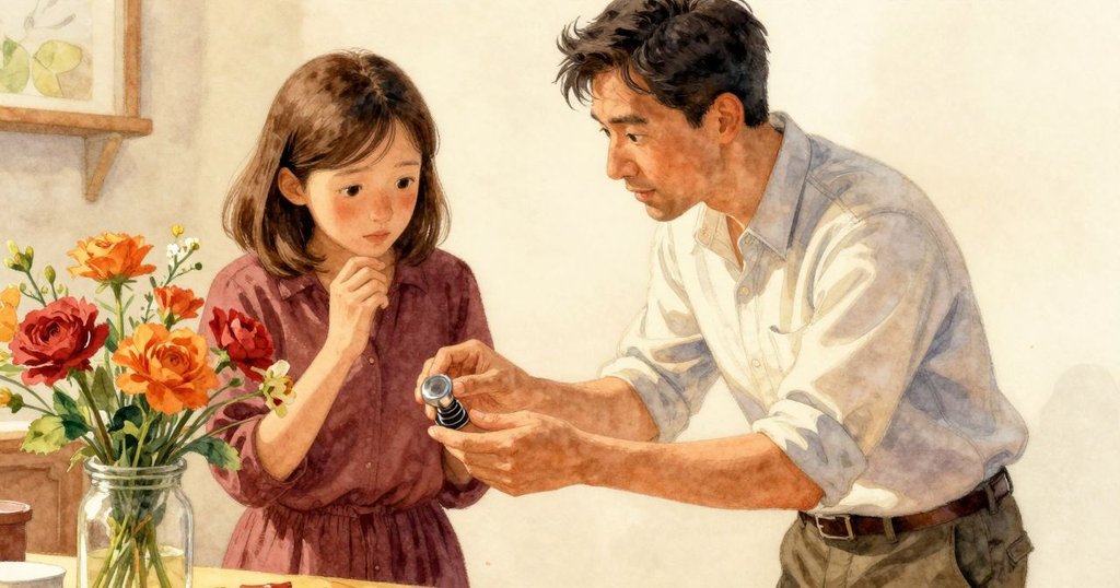 帕洛瑪輕柔地將鮮花置入透明罐中,加納調整著充滿歲月痕跡的老旋鈕,對比鮮明展現內心故事。