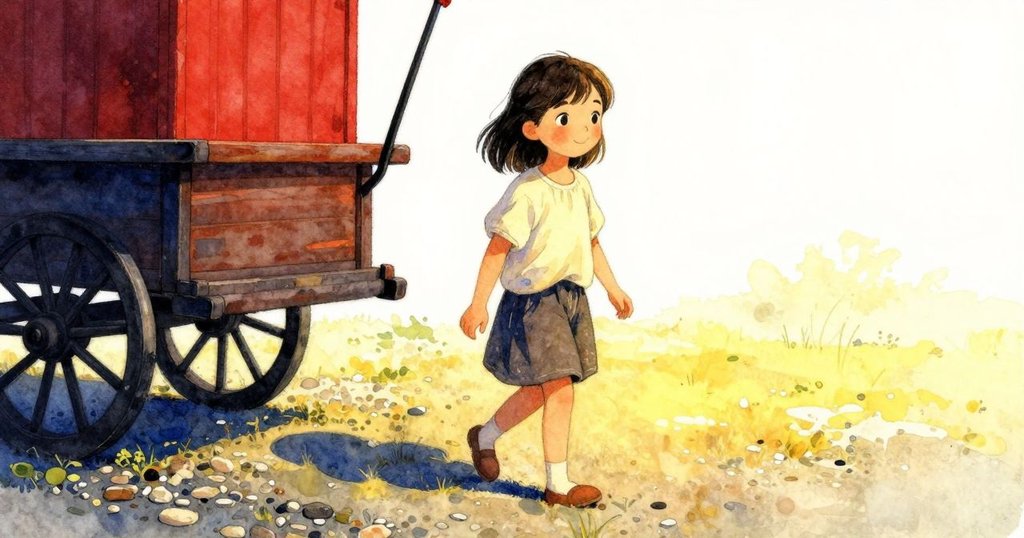 內薩輕快地走在碎石路上，接近棉花糖車，鞋步穩健帶著期待與溫暖的夕光