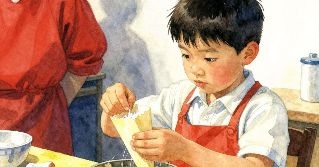 凱蘭正專注地轉動紙筒，形成柔軟糖絲，手部細節清晰呈現，背景透出溫暖燈光與層次