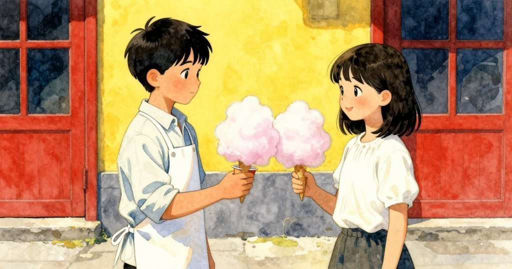 凱蘭將不對稱棉花糖遞給內薩，內薩舉杯微笑回應，雙方互動溫馨慶祝，背景展現街邊溫柔燈光