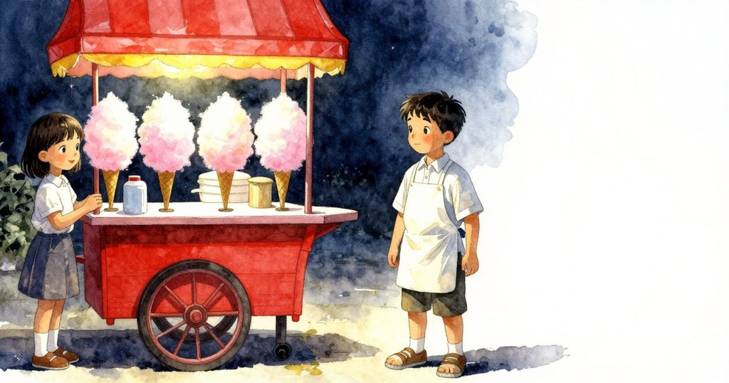 夜晚棉花糖車再次出現，桌上放著不對稱棉花糖，柔和燈光映照街景，營造出圓滿與寧靜的氛圍