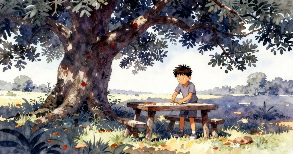 Troy在戶外空地準備實驗，背景有古老橡樹、破舊長椅與觀察鳥類的大人，神情專注