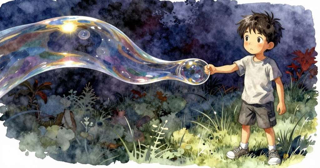 Troy注視著拉伸的肥皂膜，光芒閃爍呈現藍金漣漪，畫面扭曲展現神奇變化