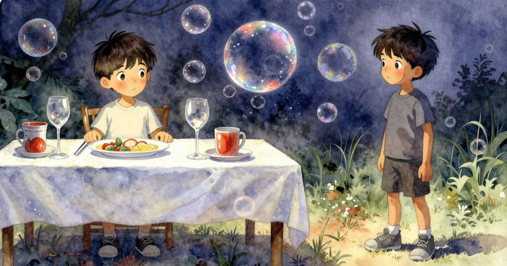 Troy一邊工作一邊進入幻想世界，畫面左右分割，顯現實驗場景與飄浮泡泡神秘細節