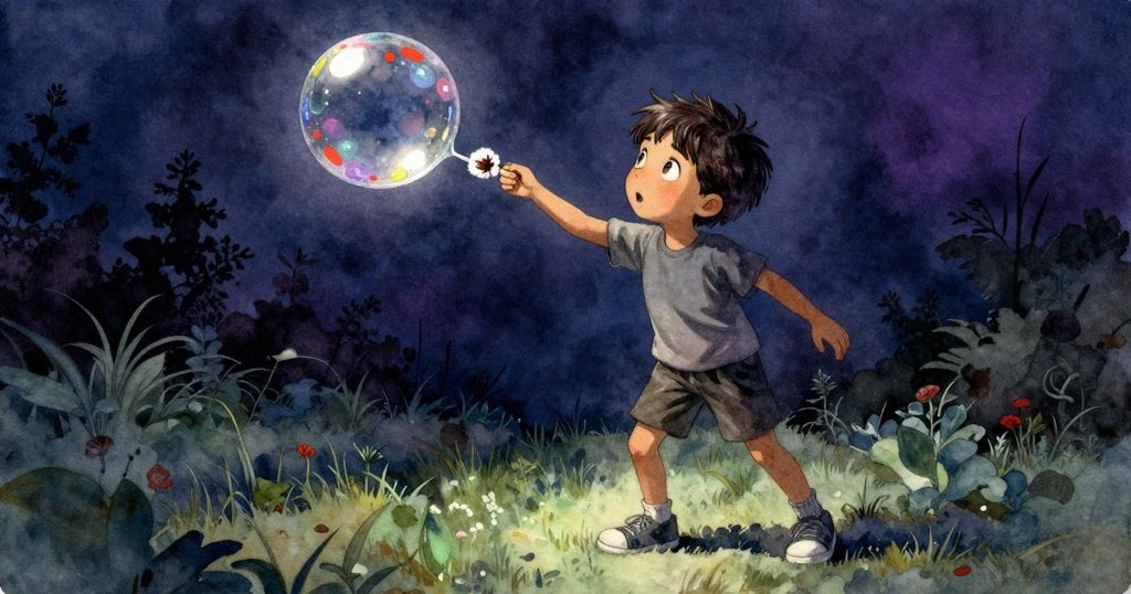 Troy凝固在瞬間，注視著肥皂泡離開棉繩，畫面捕捉驚訝與緊張的神情