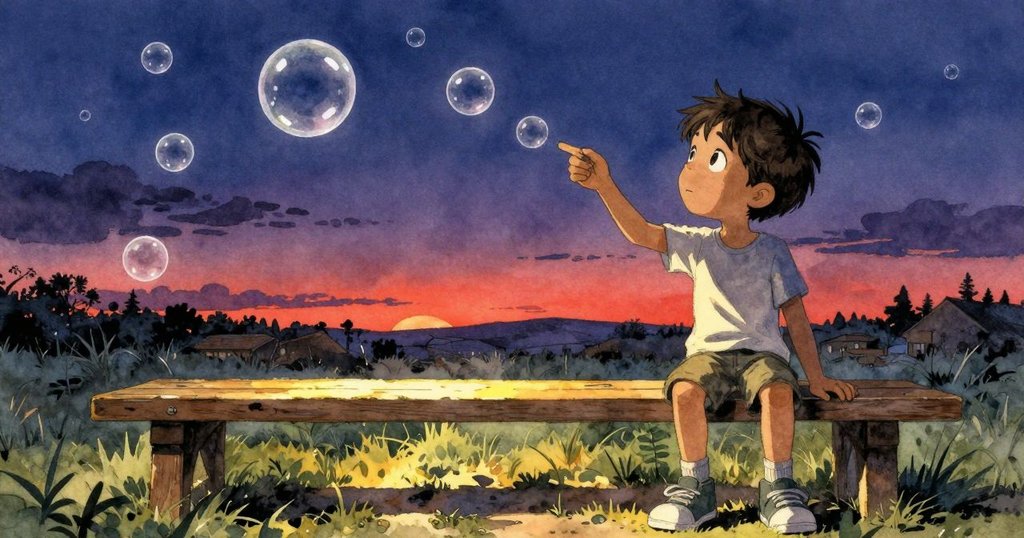 Troy在黃昏溫暖光線中再次嘗試，描繪銀色泡泡漂浮過老舊長椅與橡樹，充滿寧靜希望