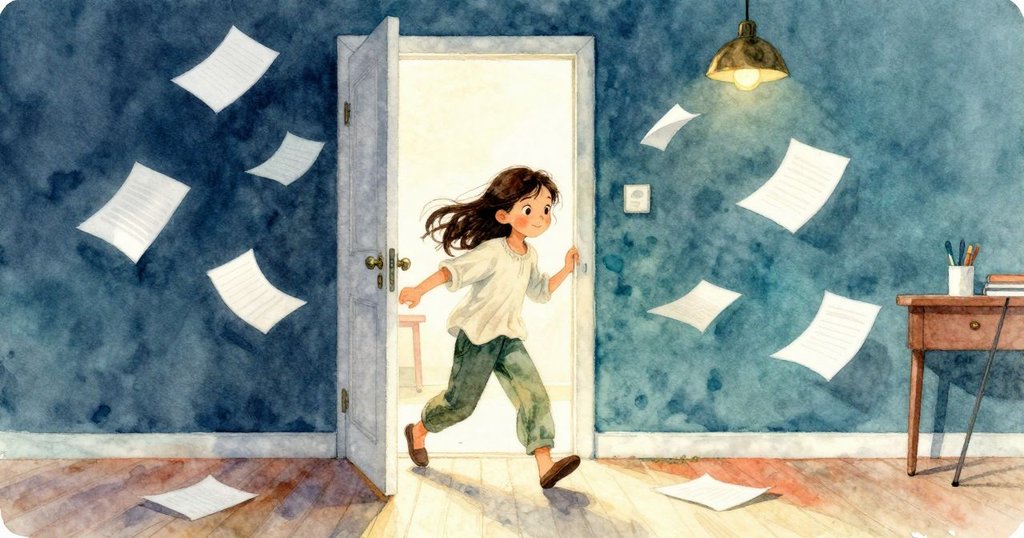 Darla 推開工作室門，邁入充滿摺紙和懸掛燈飾的室內，動作自然充滿期待，環境溫馨明亮