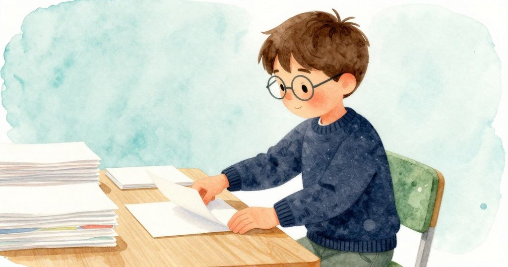 Irving 靜坐於桌旁，緩緩遞送新紙張，桌面擺設整齊，光線柔和展現精緻創作環境