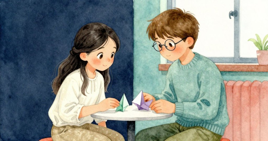 Darla 與 Irving 共享溫馨時刻，臉上浮現彼此鼓勵的微笑，桌上滿是摺紙作品，氣氛溫暖感人