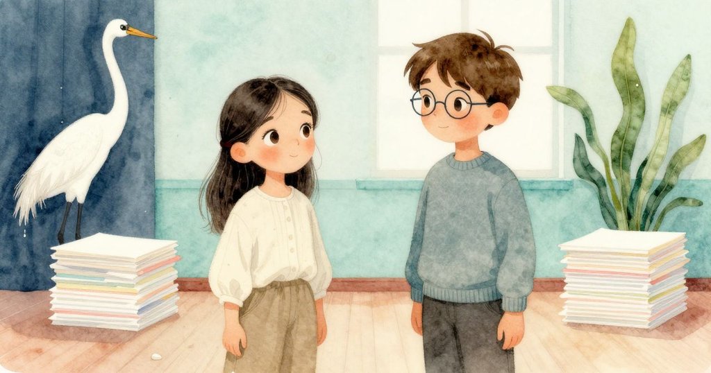 工作室全景展現寧靜，Darla 與 Irving 靜坐桌旁，紙鶴與新紙相伴，環境寧和光影柔美