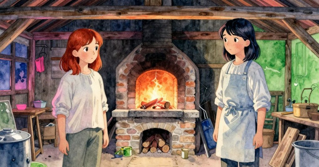 整體小屋內景展現和諧魔幻氣氛,窯爐發光、木柴堆疊、蜘蛛絲閃爍,每個細節融入寧靜轉變,故事完結