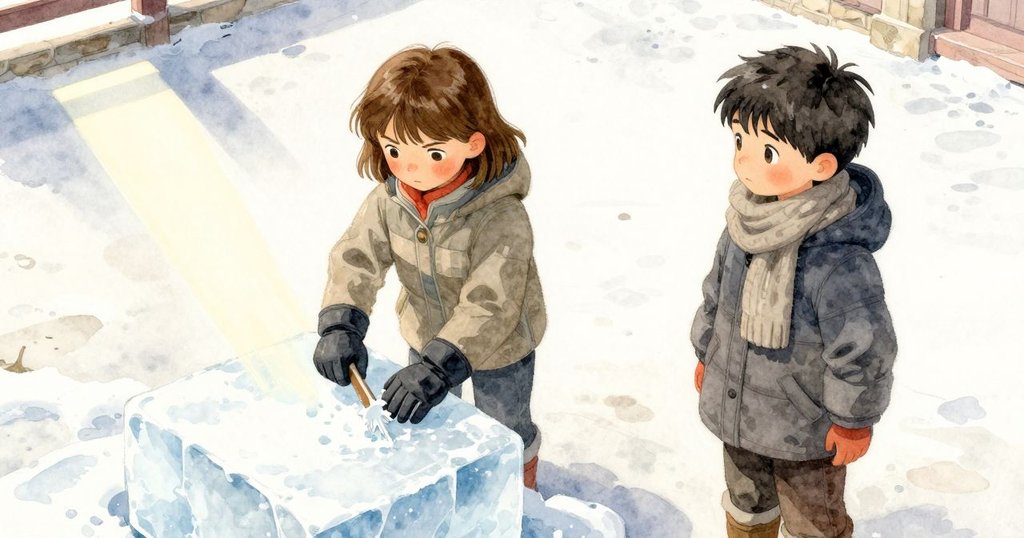 馬倫在院子裡用凿子雕冰，格里爾靜靜旁觀，溫暖光線灑落冰面，展現努力與期待情緒