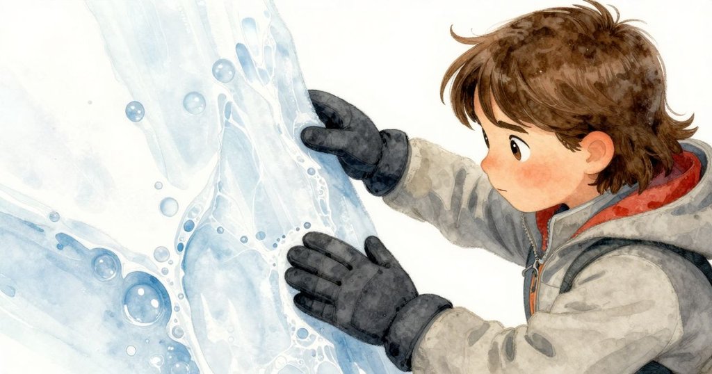 馬倫用手持凿子雕冰，細節中呈現氣泡和刻痕，展示專注與細膩工藝，溫柔光線勾勒質感