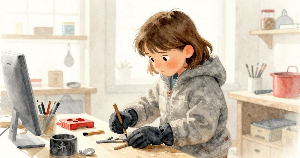 馬倫走入溫暖工坊內，仔細檢查工具桌與凿子，室內柔和燈光映照出心情專注與轉換