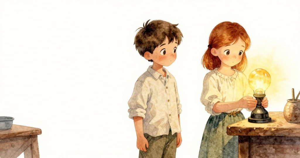 Kit正專注持琥珀對燈,Juliet在背景遠處注視,室內溫暖柔和,充滿專注與期待情感