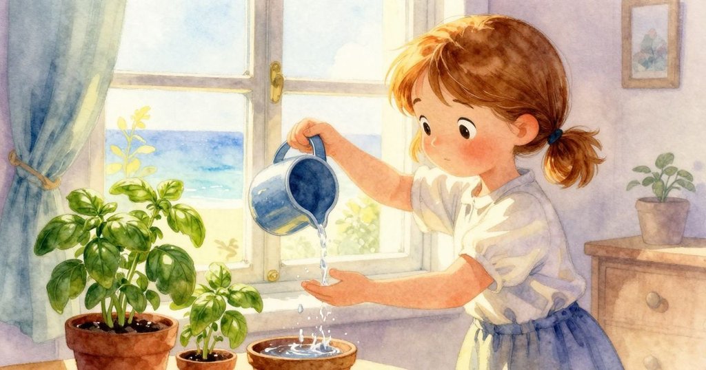 Juliet在窗邊澆灌枯萎的羅勒,水滴懸空定格,室內外光影交錯,情感從細膩中流轉