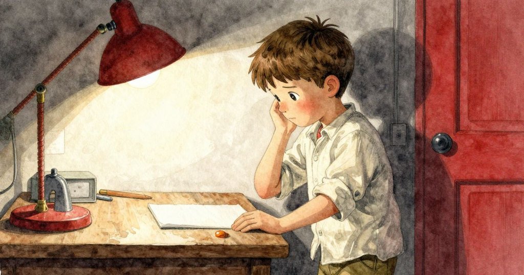 Kit在工作臺旁猶豫伸手,臉上透露內心糾結,燈光映照出琥珀與情感之間的拉鋸感