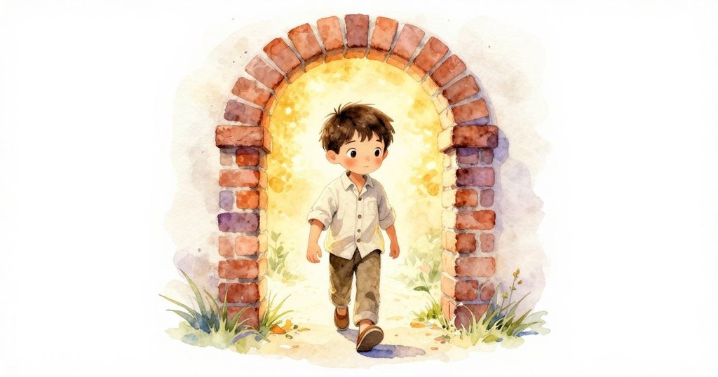 Kit走出工作臺,經過磚造拱門步入新光景,背後琥珀微光閃爍,展現希望與未來的轉折情感