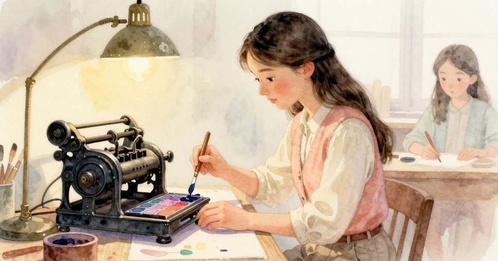 Seren在工坊內多層次畫面中調製油墨，手持調色刀精心操作金屬飾環，背景呈現紙張與工具重疊之細節。