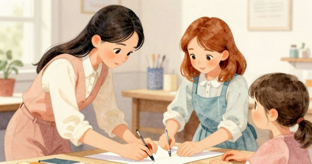 Seren與Ella在工坊內默契協作，Ella鋪上新紙，Seren調整金屬部件，雙手互動展現團結創作精神。