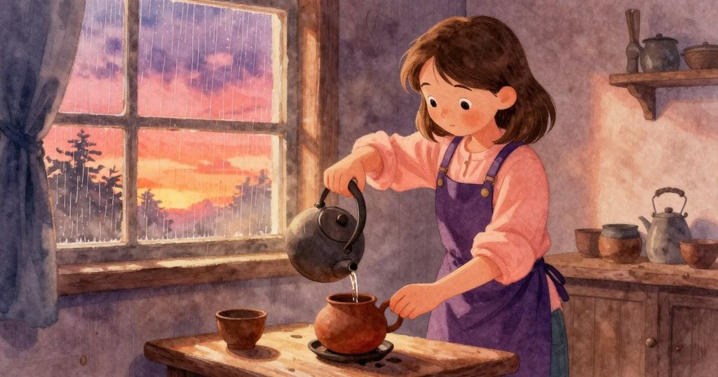 莎拉在溫馨房間中傾斜水壺倒茶，窗外大雨滂沱，室內燈光柔和，畫面帶有傾斜角度增添神秘感。