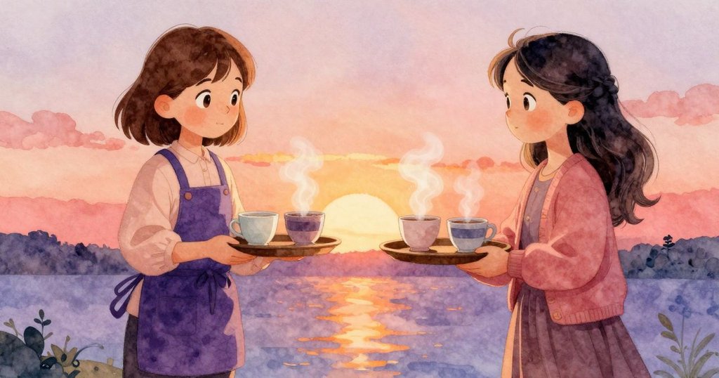 木盤上整齊擺放的茶杯與緩緩上升的蒸氣在柔和光線下反射出室內溫暖氛圍，呈現平靜時刻。