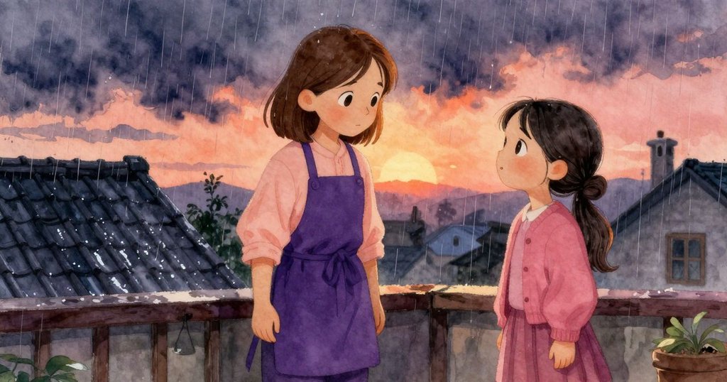 室外大雨敲打著閃亮屋瓦，透過窗戶映出陰沉天空，室內則依舊溫暖寧靜，形成強烈對比。