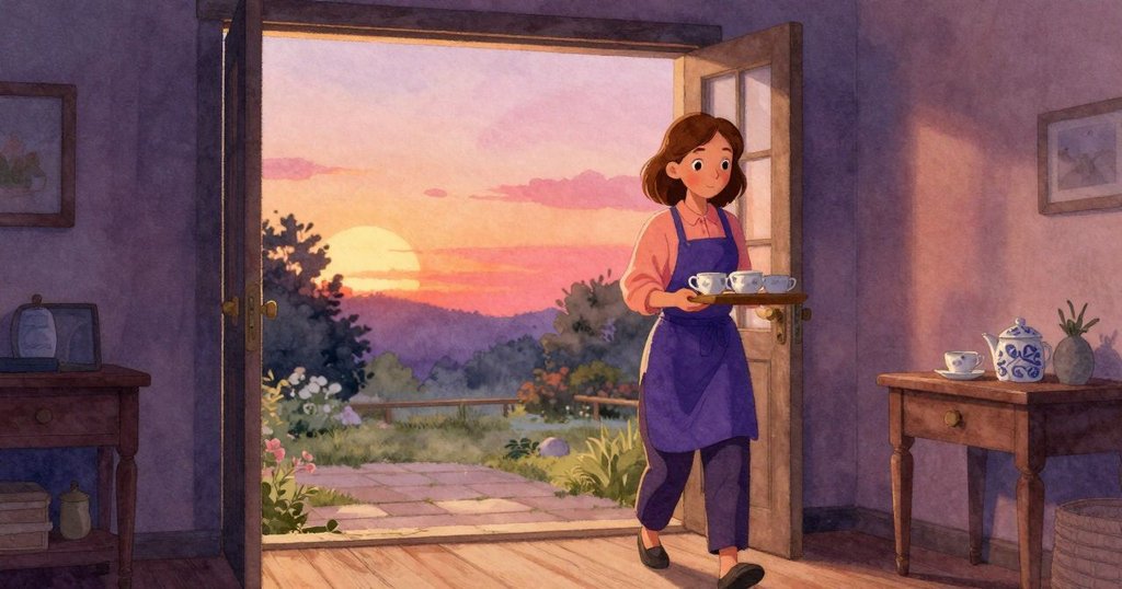 莎拉離開室內走向庭院門口，桌上茶杯及不均針腳靜靜留存，暖光中流露出溫柔告別情懷。