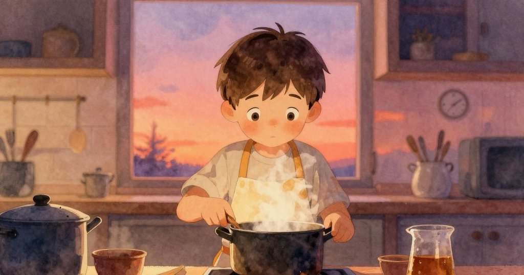 萊爾站在燈光柔和的廚房內,正注視著散發蒸氣的爐子,背景有牆上時鐘,氣氛神秘且平靜