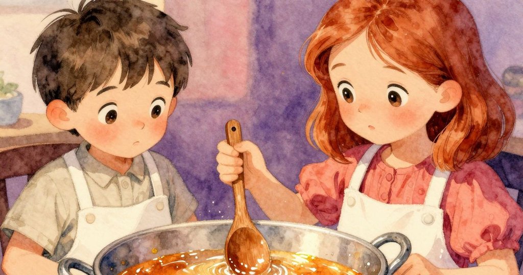 特寫鏡頭展現木勺粗糙的質感和湯中閃爍的光點,細節傳遞出時間與關愛的故事