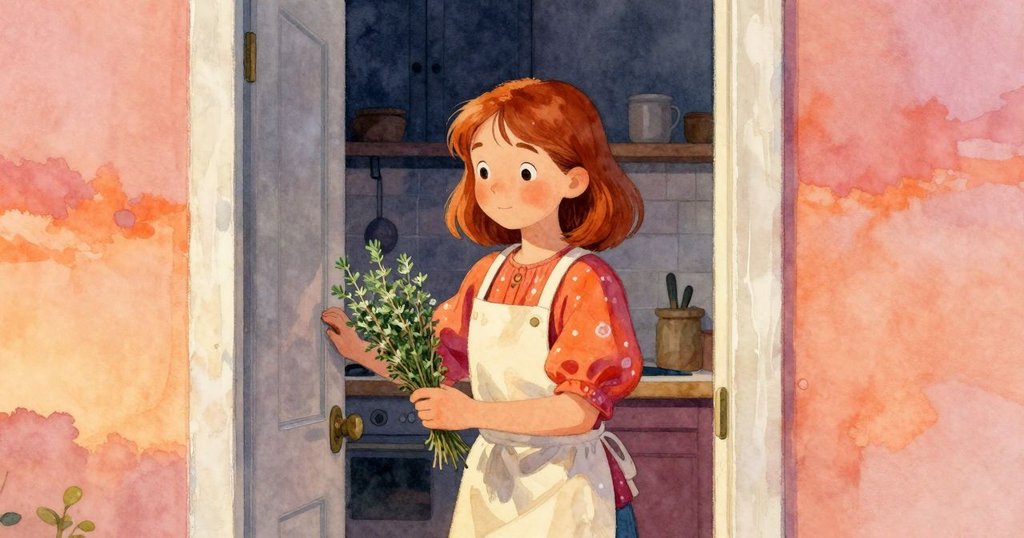 哈勒透過微掩的門框進入廚房,手持少量百里香,展現溫暖與期待的神情,廚房充滿故事感