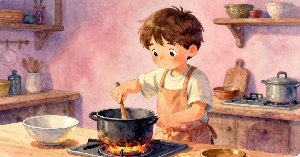 萊爾調整爐火,鏡頭聚焦桌上空碗及架上對應碗,廚房內細節營造出靜謐且神秘的氛圍