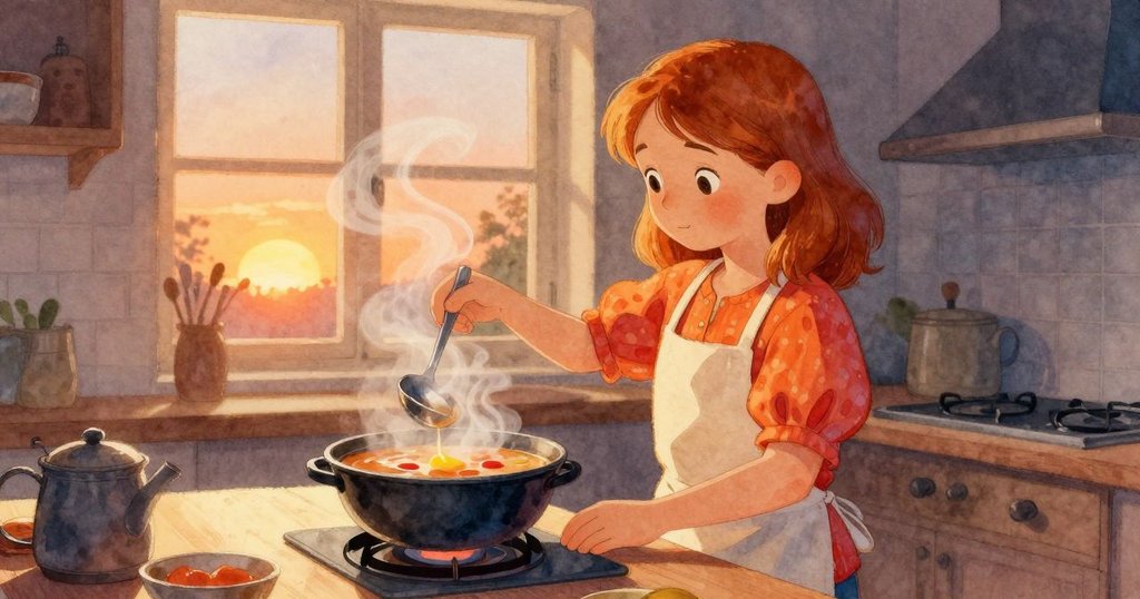 哈勒將熱湯舀入碗中,蒸氣形成柔美動線,動作與萊爾之前努力產生和諧互動,廚房充滿動感