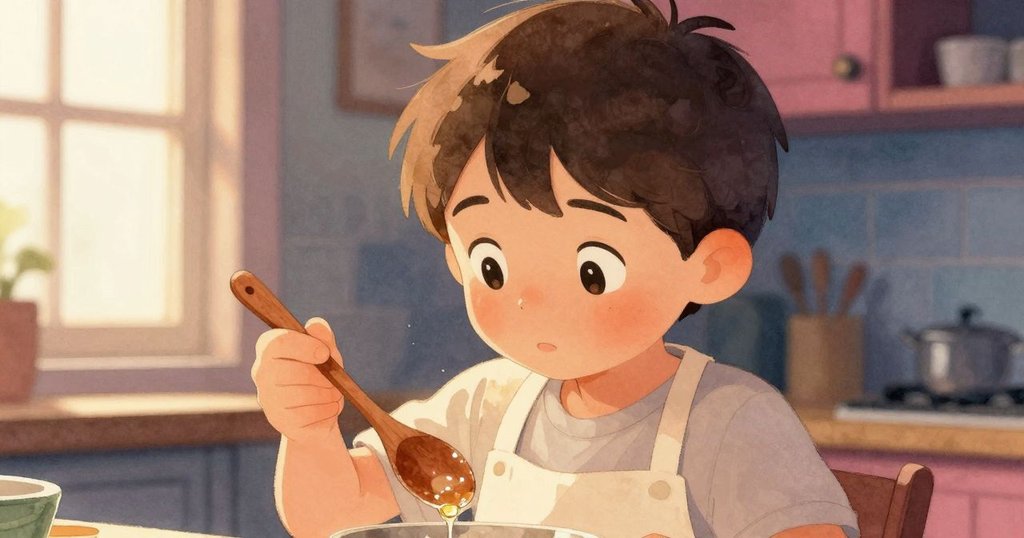 萊爾凝望著木勺上沾留的一滴湯汁,夕陽透過窗灑入,氛圍沈思且暗示故事續篇延展